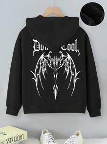 SHEIN 小男孩万圣节字母和翅膀印花拉链卫衣 - 黑色 - 查看 1
