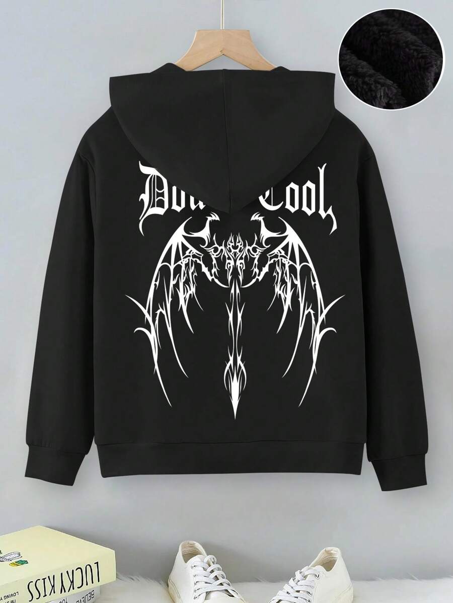 SHEIN 小男孩万圣节字母和翅膀印花拉链卫衣 - 黑色 - 查看 1