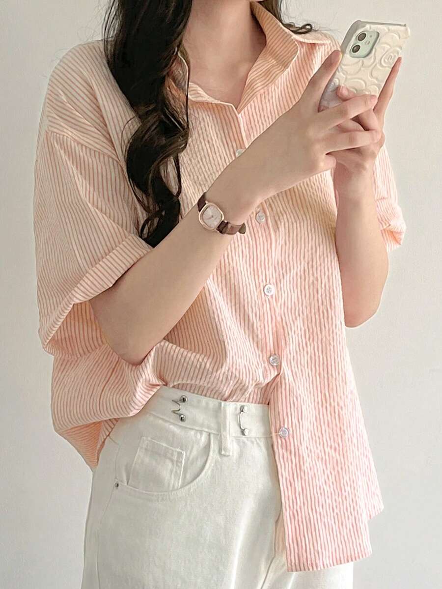 宽松碎花条纹短袖衬衫，少女夏季衬衫