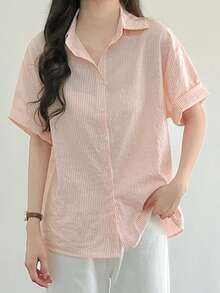 宽松碎花条纹短袖衬衫，少女夏季衬衫