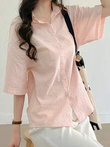 宽松碎花条纹短袖衬衫，少女夏季衬衫