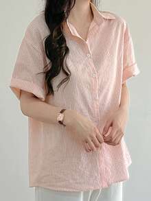 宽松碎花条纹短袖衬衫，少女夏季衬衫