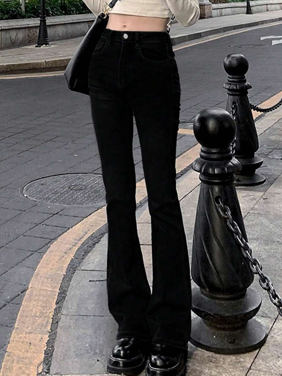 女士百搭休闲喇叭牛仔裤，带口袋，适合日常通勤 - 黑色 - 查看 1