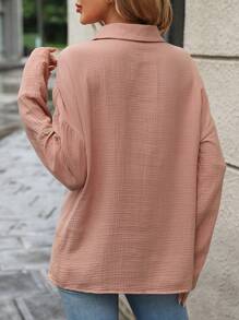 SHEIN LUNE Solid Drop Shoulder Button Front Shirt - Dusty Pink - View 2