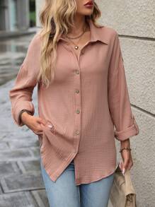 SHEIN LUNE Solid Drop Shoulder Button Front Shirt - Dusty Pink - View 3