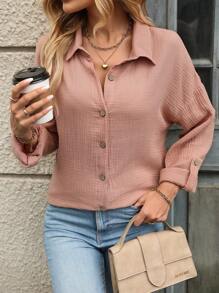 SHEIN LUNE Solid Drop Shoulder Button Front Shirt - Dusty Pink - View 4