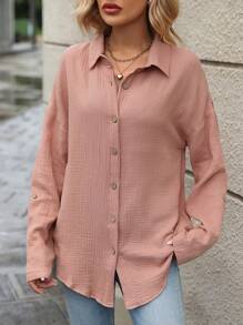 SHEIN LUNE Solid Drop Shoulder Button Front Shirt - Dusty Pink - View 5