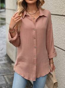 SHEIN LUNE Solid Drop Shoulder Button Front Shirt - Dusty Pink - View 6