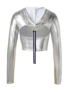 SHEIN Unity 金屬質感短款連帽衛衣 - 銀色 - 查看 2