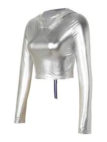 SHEIN Unity 金屬質感短款連帽衛衣 - 銀色 - 查看 4