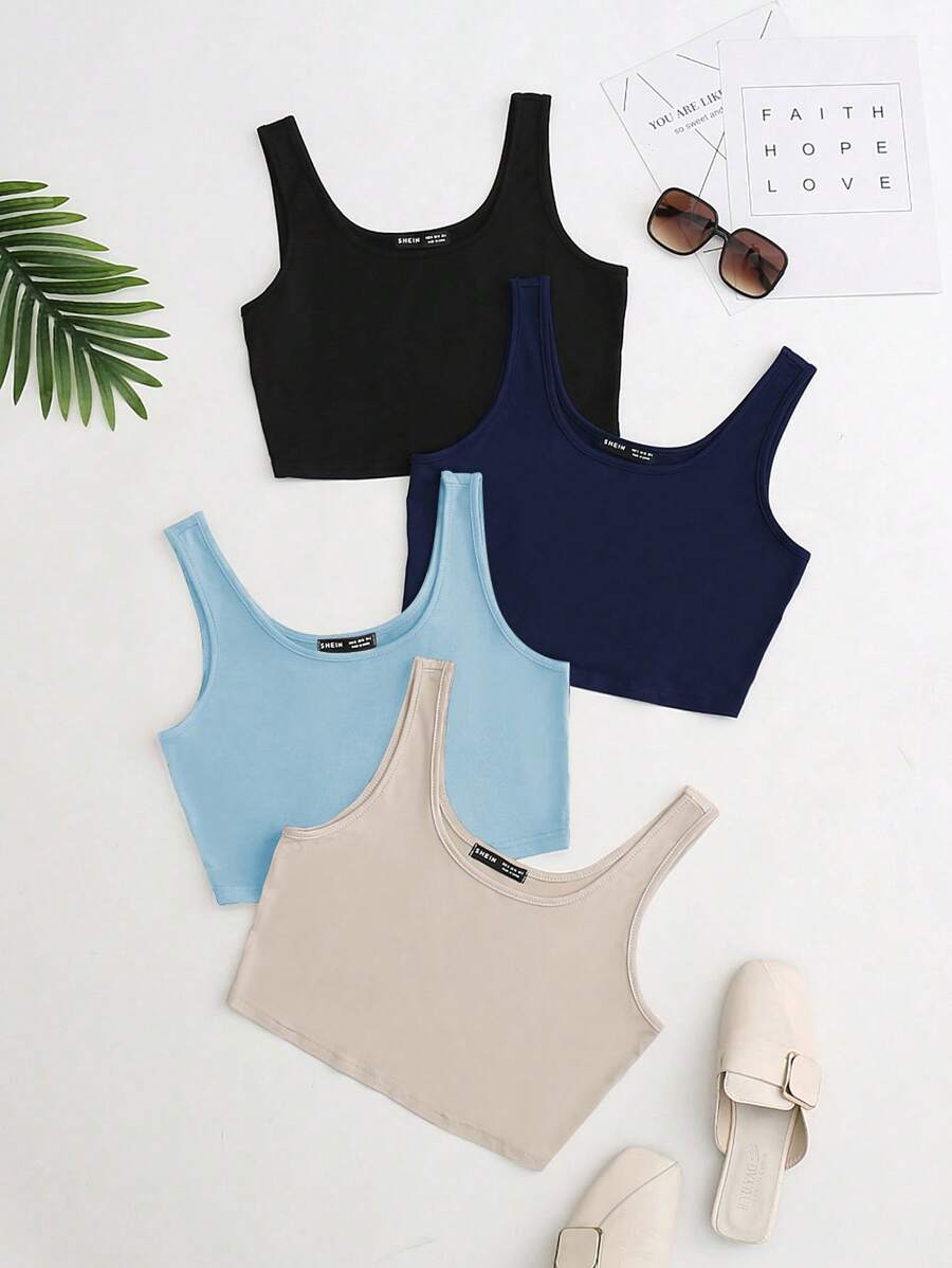 SHEIN Unity Áo ba lỗ ngắn cổ tròn ôm sát màu trơn đơn giản dành cho nữ, mùa hè - Nhiều màu - Xem 1