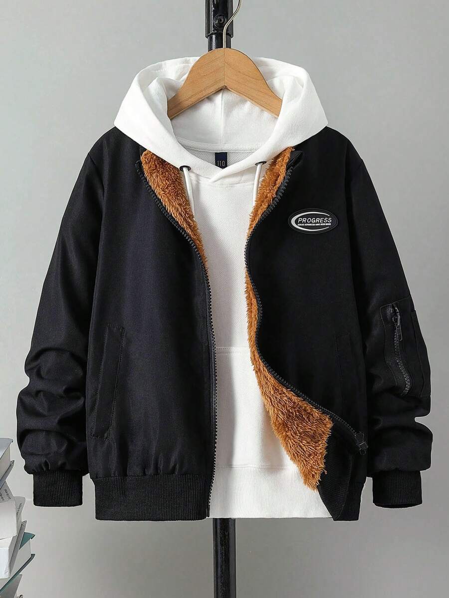 SHEIN Tween Boy Letter Patched Detail Zipper Bomber Jacket Without Hoodie - Black - View 1