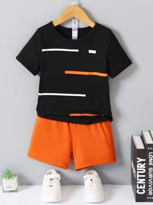 SHEIN Young Boys' 2pcs Elastic Knit Round Neck Striped Printed Short Sleeve T-Shirt And Sports Shorts, Dailylife Casual Wear, Summer - Multicolor - View 1