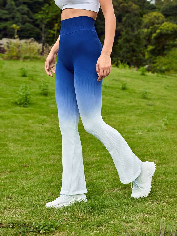 Wide Waistband Ribbed Ombre Flare Leg Sports Pants