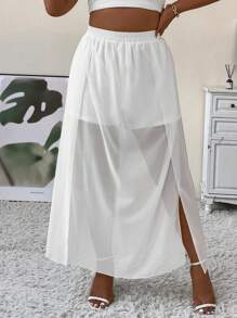 Celure Hơn Tách đùi Lưới Váy - trắng - Xem 3