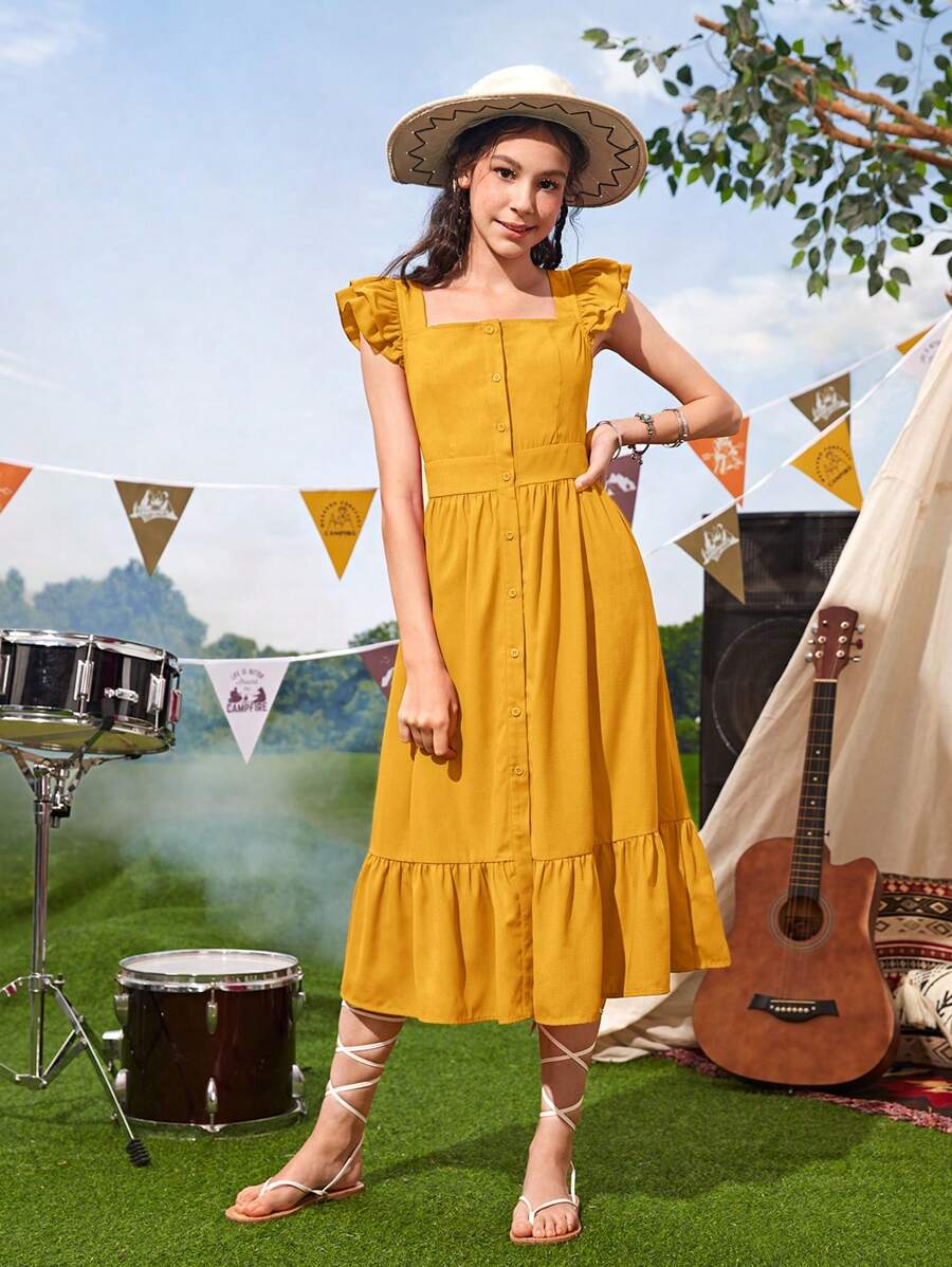 SHEIN Teen Girl Ruffle Trim Button Front Dress - Mustard Yellow - View 1