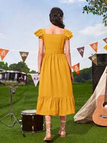 SHEIN Teen Girl Ruffle Trim Button Front Dress - Mustard Yellow - View 2