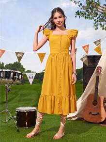 SHEIN Teen Girl Ruffle Trim Button Front Dress - Mustard Yellow - View 3