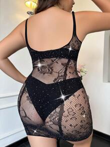 Plus Rhinestone Studded Fishnet Bodycon Dress Without Liner - Black - View 2