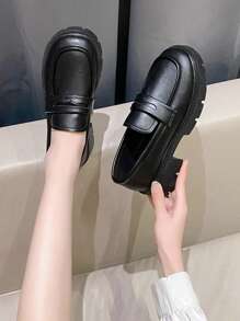 Women's Wedge & Thick Sole Loafers, Retro Style Round Toe Slip-on Shoes, Chunky High Heels, Simple And Fashionable - Black - View 2