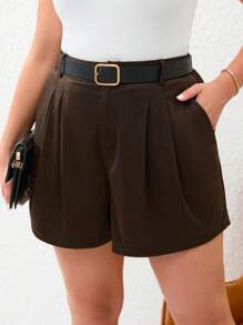 SHEIN Essnce 大碼拼接細節腰帶斜口袋短褲 - 咖啡棕 - 查看 1