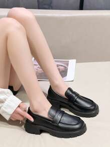 Women's Wedge & Thick Sole Loafers, Retro Style Round Toe Slip-on Shoes, Chunky High Heels, Simple And Fashionable - Black - View 4