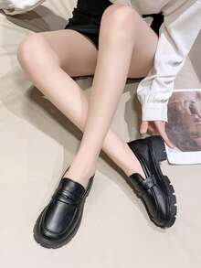Women's Wedge & Thick Sole Loafers, Retro Style Round Toe Slip-on Shoes, Chunky High Heels, Simple And Fashionable - Black - View 7