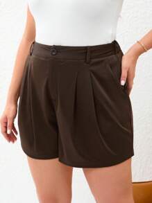 SHEIN Essnce 大碼拼接細節腰帶斜口袋短褲 - 咖啡棕 - 查看 5