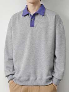 男士拼接領落肩袖運動衫 - 灰色 - 查看 1