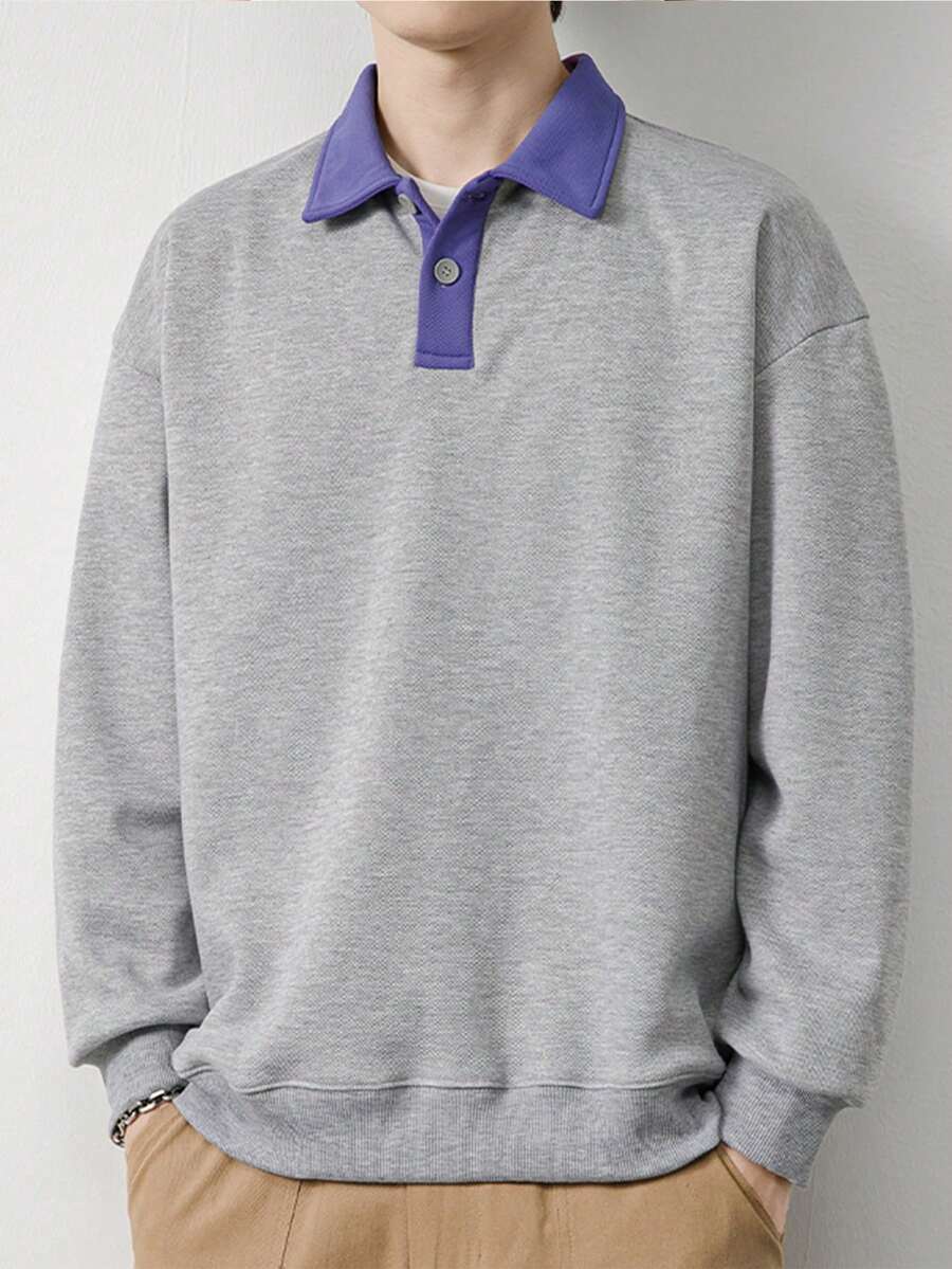 男士拼接領落肩袖運動衫 - 灰色 - 查看 1