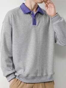 男士拼接領落肩袖運動衫 - 灰色 - 查看 3