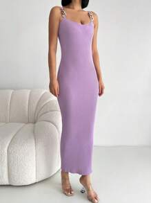 EURMUSE 鏈條細節條紋針織吊帶毛衣洋裝 - 紫丁香色 - 查看 4