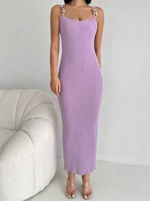 EURMUSE 鏈條細節條紋針織吊帶毛衣洋裝 - 紫丁香色 - 查看 5