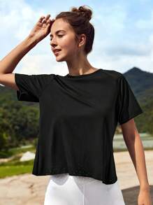 Lifespree Camiseta deportiva unicolor tulipán trasero de manga raglán - Negro - Ver 3