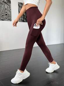 Muchica 素色寬腰帶側邊手機口袋緊身打底褲 - 摩卡棕 - 查看 1