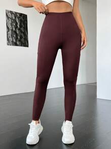 Muchica 素色寬腰帶側邊手機口袋緊身打底褲 - 摩卡棕 - 查看 3