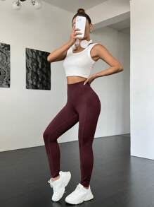 Muchica 素色寬腰帶側邊手機口袋緊身打底褲 - 摩卡棕 - 查看 4