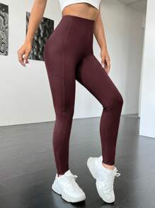 Muchica 素色寬腰帶側邊手機口袋緊身打底褲 - 摩卡棕 - 查看 5