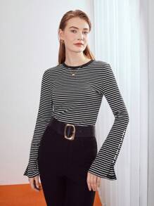 MOTF PREMIUM STRIPED BELL SLEEVE T-SHIRT - Black - View 2