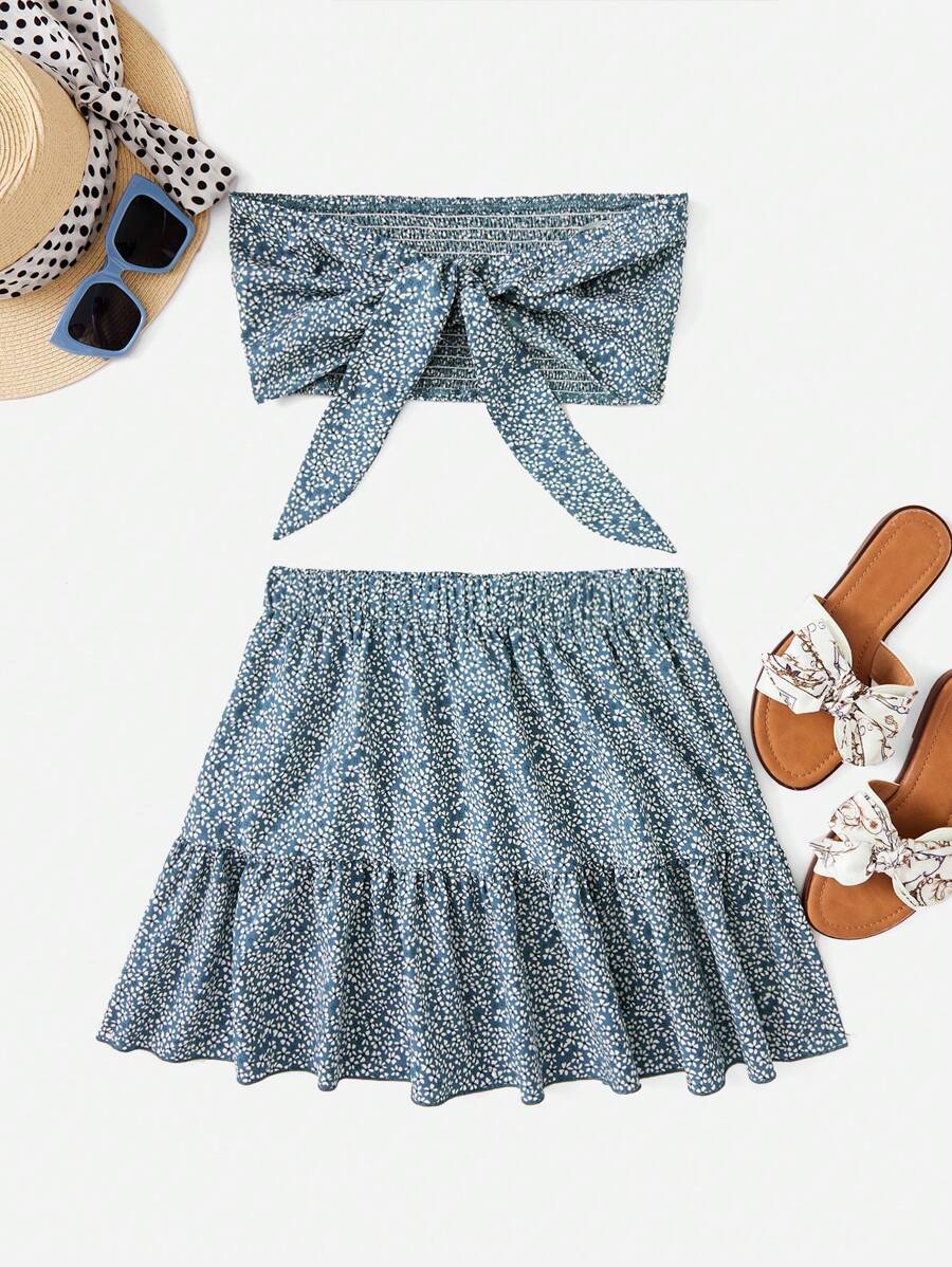 Soleia Ditsy Floral Print Tie Front Tube Top & Ruffle Hem Skirt - Dusty Blue - View 1