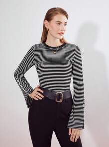 MOTF PREMIUM STRIPED BELL SLEEVE T-SHIRT - Black - View 5