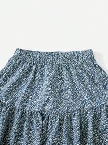 Soleia Ditsy Floral Print Tie Front Tube Top & Ruffle Hem Skirt - Dusty Blue - View 4