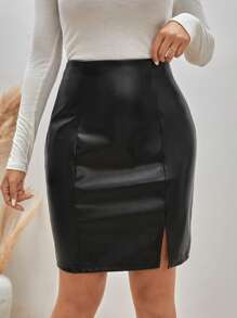 SHEIN Frenchy High Waist Split Hem PU Leather Skirt Winter Black Elegant - Black - View 3