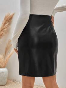 SHEIN Frenchy High Waist Split Hem PU Leather Skirt Winter Black Elegant - Black - View 7