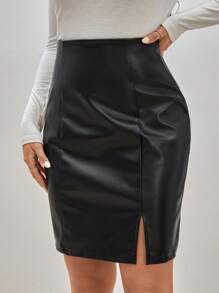 SHEIN Frenchy High Waist Split Hem PU Leather Skirt Winter Black Elegant - Black - View 1