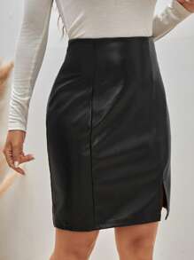 SHEIN Frenchy High Waist Split Hem PU Leather Skirt Winter Black Elegant - Black - View 4