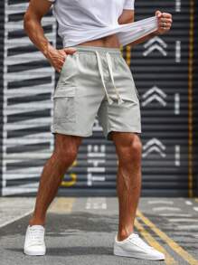 Manfinity 男士翻蓋口袋腰部抽繩工裝短褲 - 淺灰色 - 查看 3