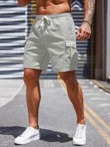 Manfinity 男士翻蓋口袋腰部抽繩工裝短褲 - 淺灰色 - 查看 6