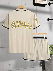 Manfinity Homme 男士標語圖案拼接邊襯衫&腰部抽繩短褲不帶T恤 - 卡其色 - 查看 2