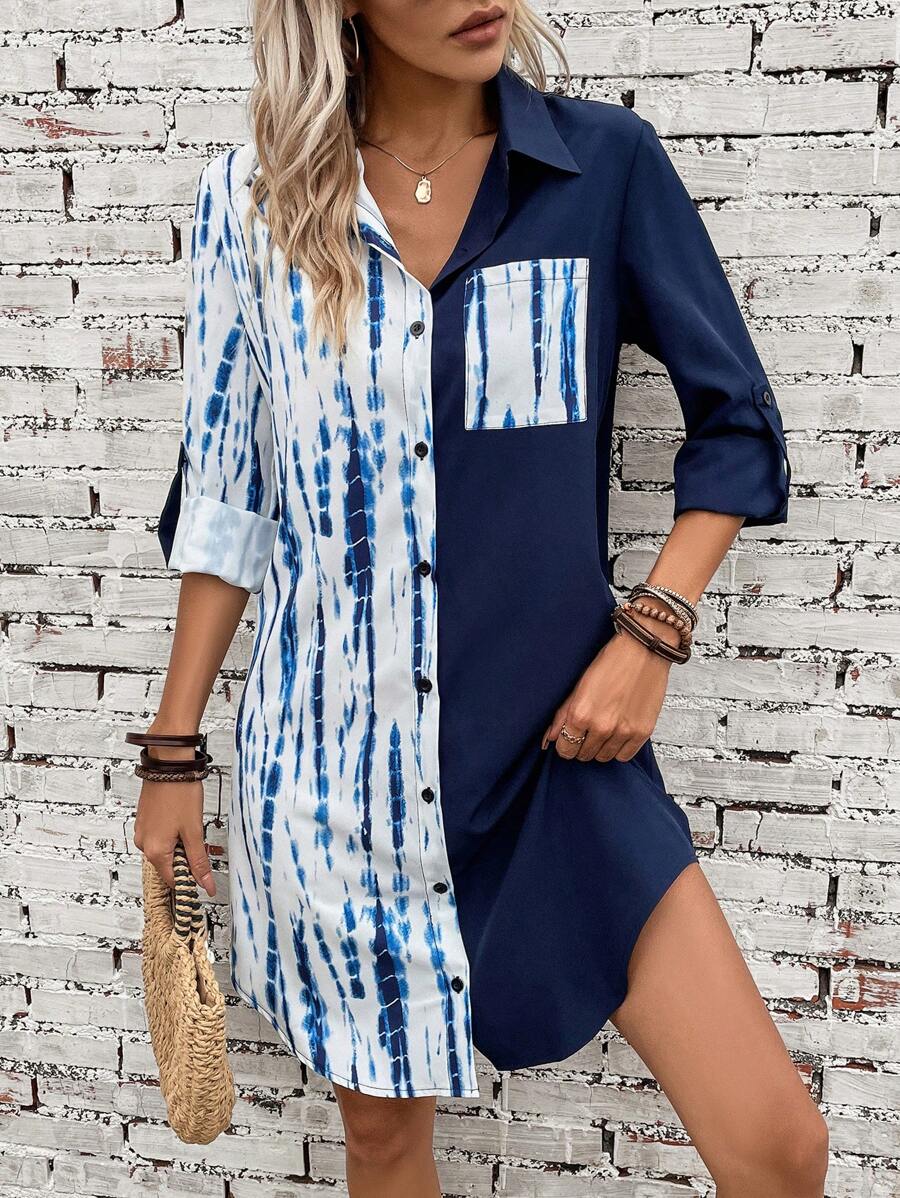SHEIN LUNE 紮染捲邊袖補丁貼口袋襯衫連衣裙 - 藍色 - 查看 1